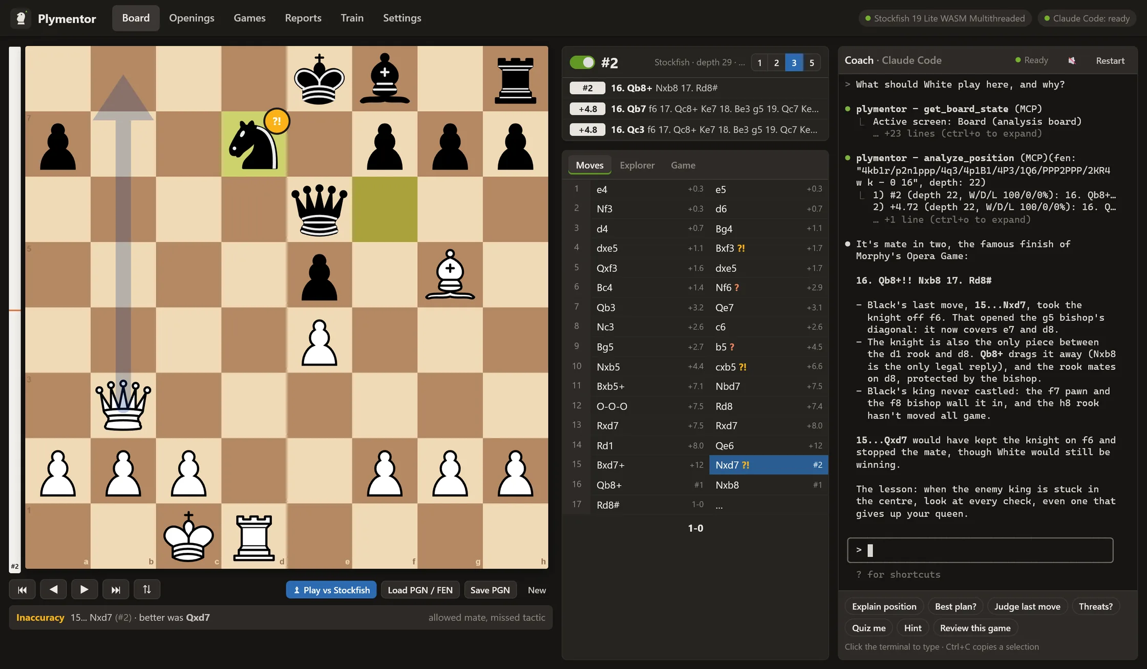 Plymentor with Morphy's Opera Game on the board: Stockfish shows mate in two starting with 16. Qb8+, the move list shows the evaluation and judgement of every move, and the coach explains the combination.