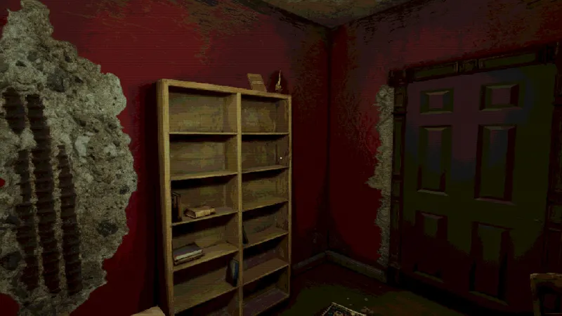 A red-walled room with a bookshelf and deep claw marks torn into the plaster.
