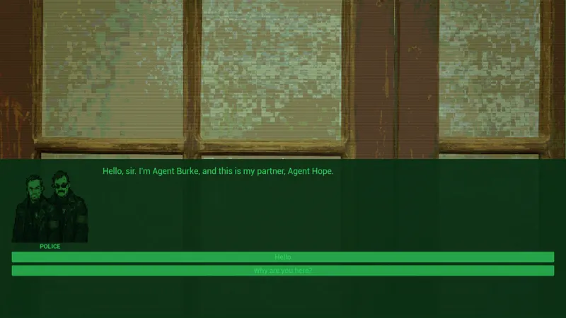 Two detectives, Agent Burke and Agent Hope, introduce themselves at the frosted-glass front door.