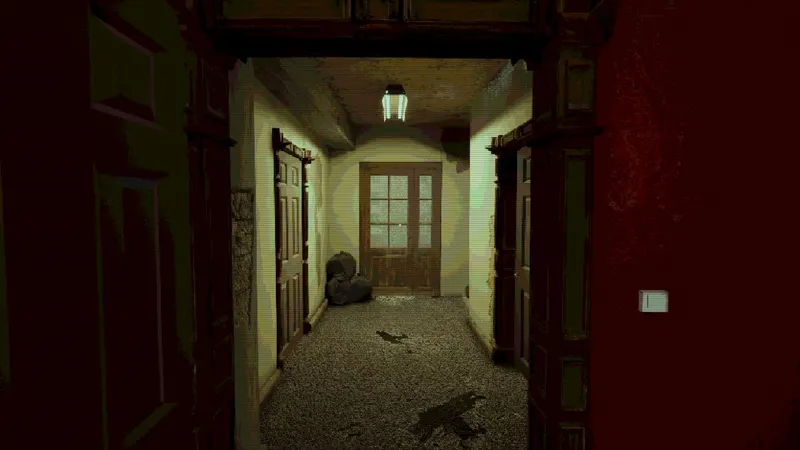 A dim hallway leading to the frosted-glass front door, with dark stains on the carpet.