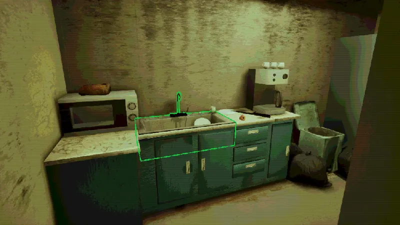 A grimy kitchen, its sink outlined in green as something to use.