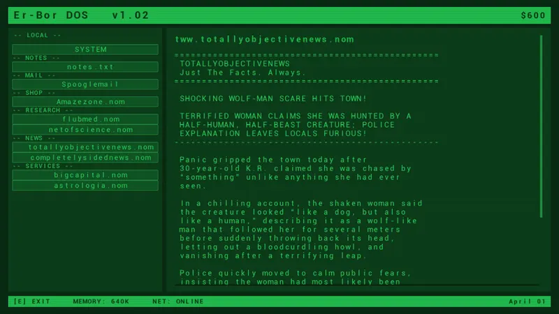 The in-game computer, Er-Bor DOS, showing a news site with the headline: Shocking wolf-man scare hits town!