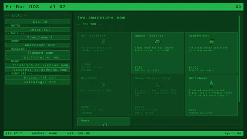 The AmazeZone shop on the computer, selling a Defraculator, a Quasar Scanner, a GeneFormer, coffee, Honey Badger Dung and wolfsbane.